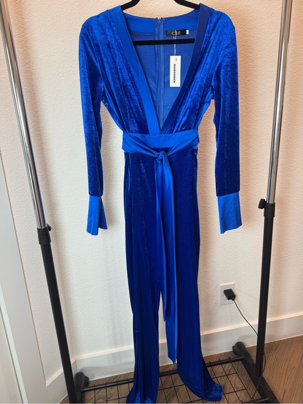 CBR Exclusive Royal Blue Velvet Plunge Wide Leg Jumpsuit NWT | Size Large